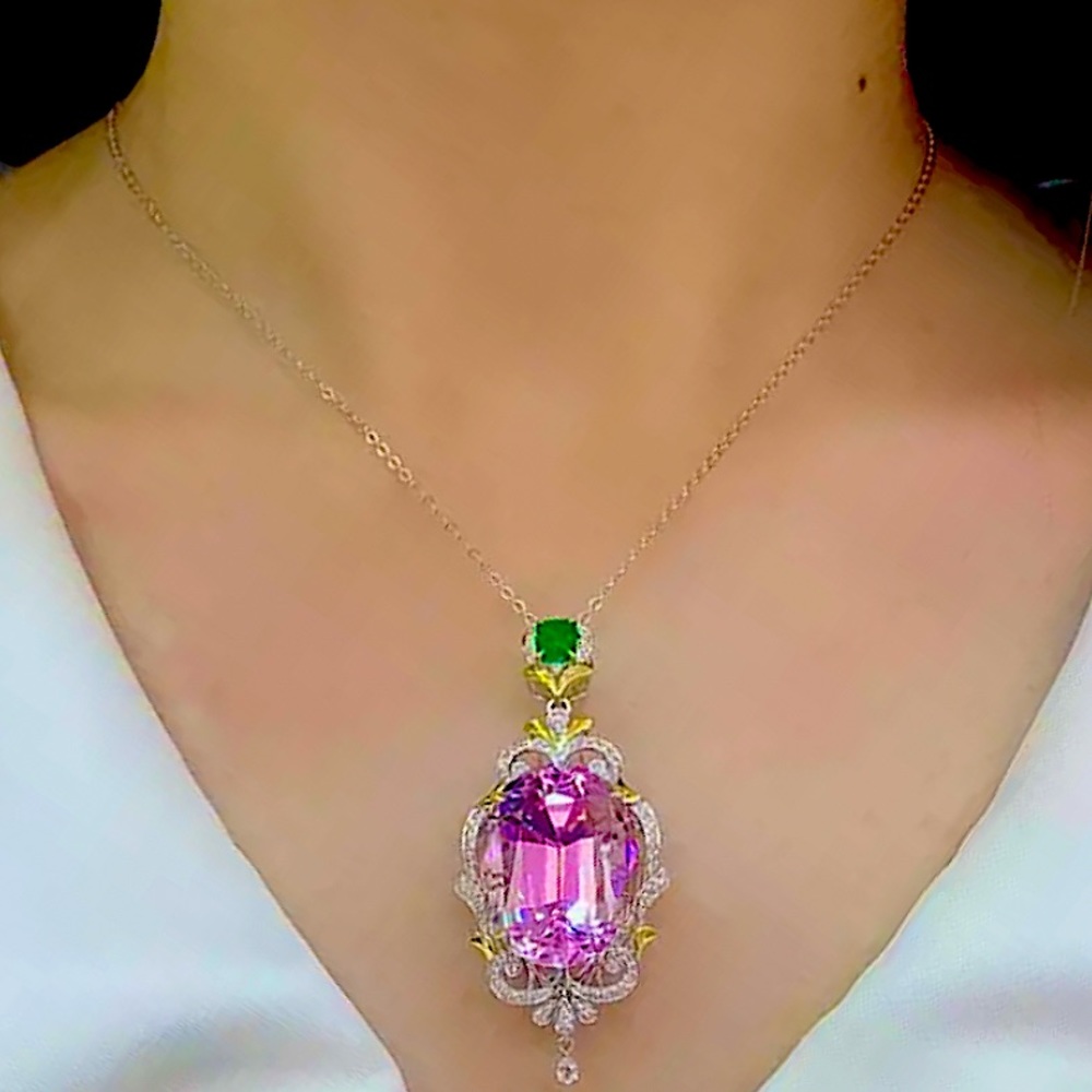 Sterling Silver Pink Morganite Emerald Green Zircon Charm Pendant Necklace